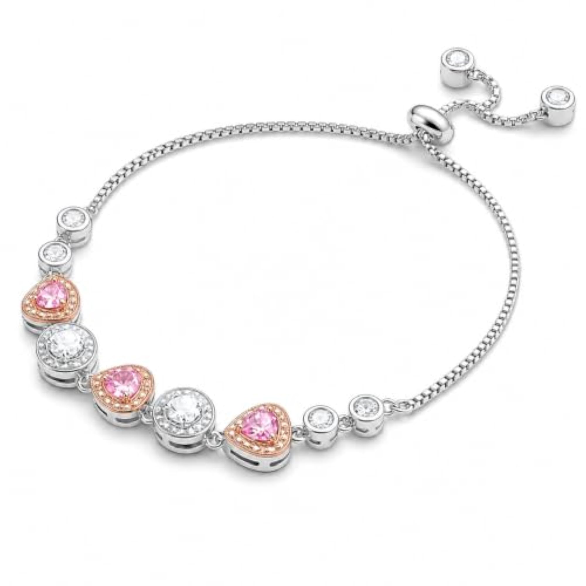 Women's Pink Crystal Heart & Round CZ Tone Adjustable Bracelet